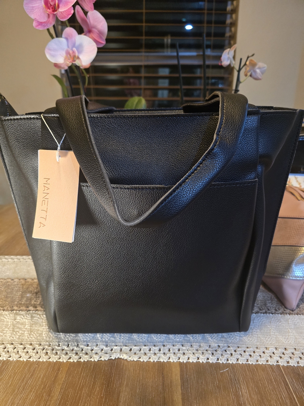 Manetta Black Pebbled Vegan Leather Tote Bag - NWT